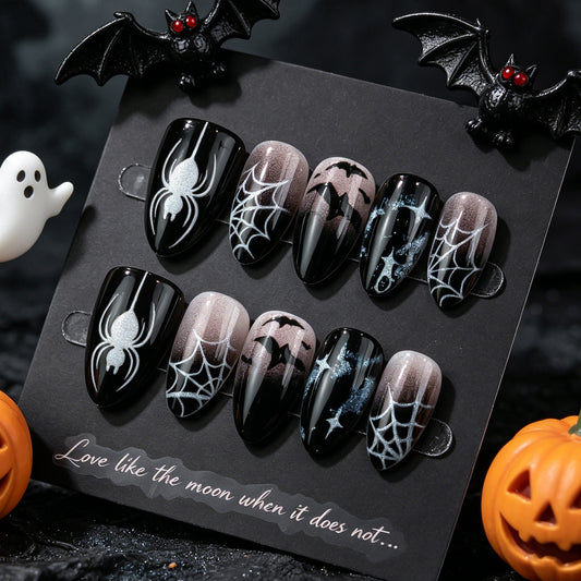 Spooky Halloween Medium Almond Black with Spider and Bat Design Press on Nail Set
