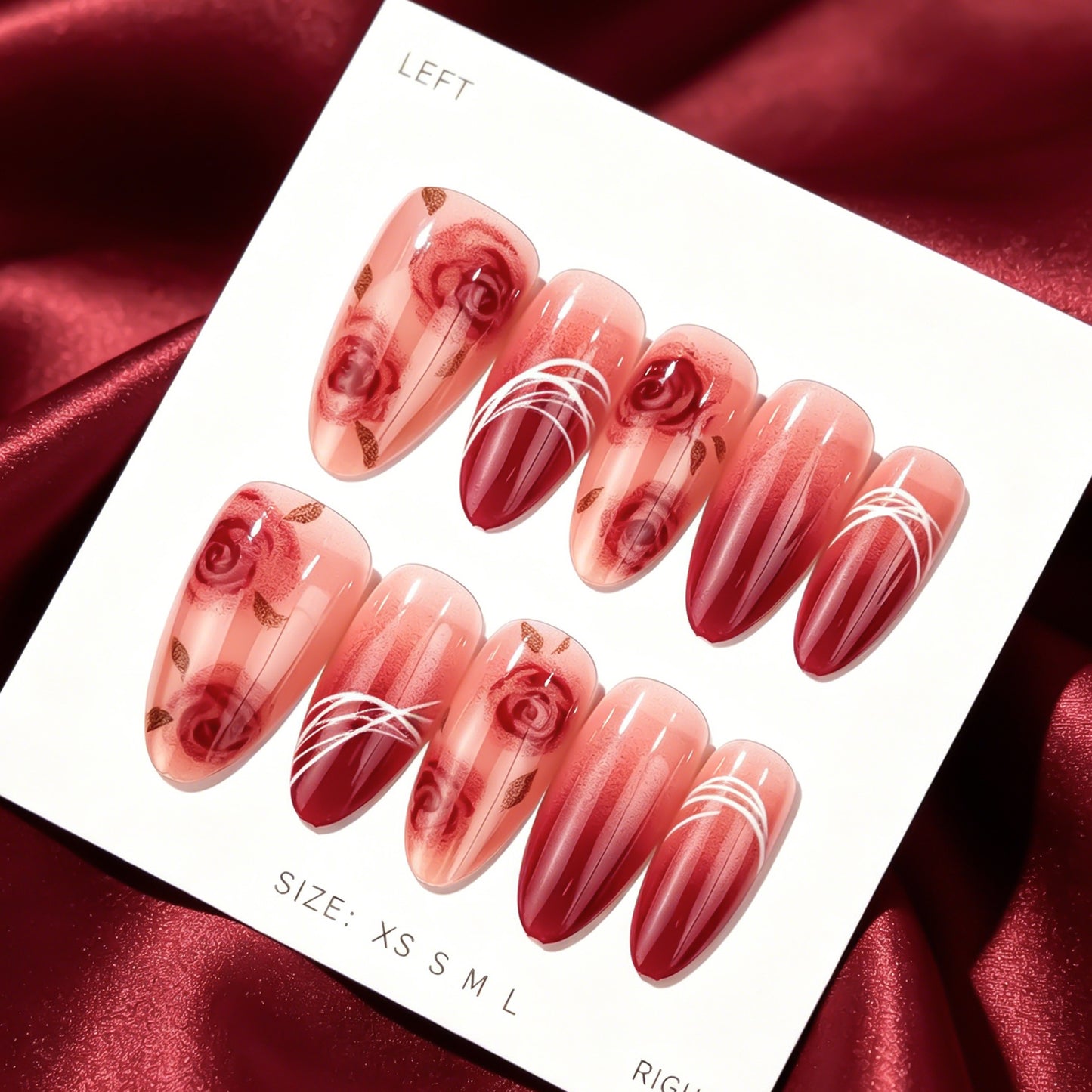 Romantic Floral Medium Almond Red Gradient Press On Nail Set