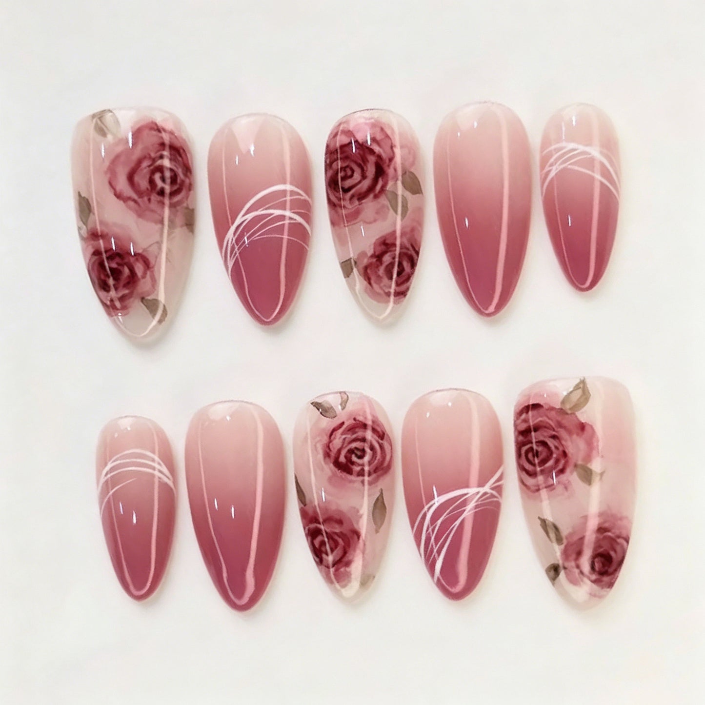 Elegant Rose Blossom Medium Almond Pink Gradient with Floral Design Press On Nail Set