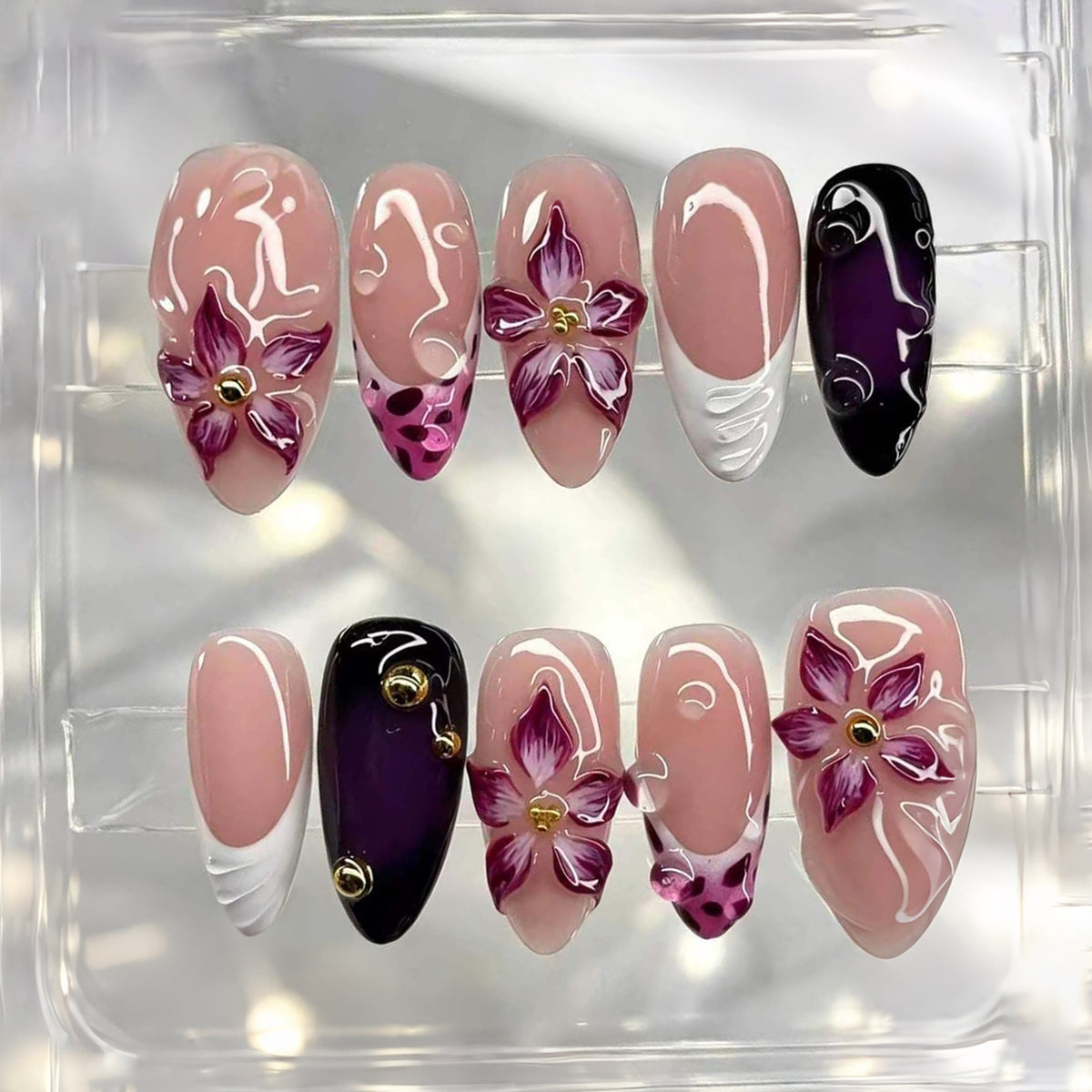 Floral Fantasy Medium Almond Pink and Purple Press On Nail Set with Elegant 3D Floral Accents