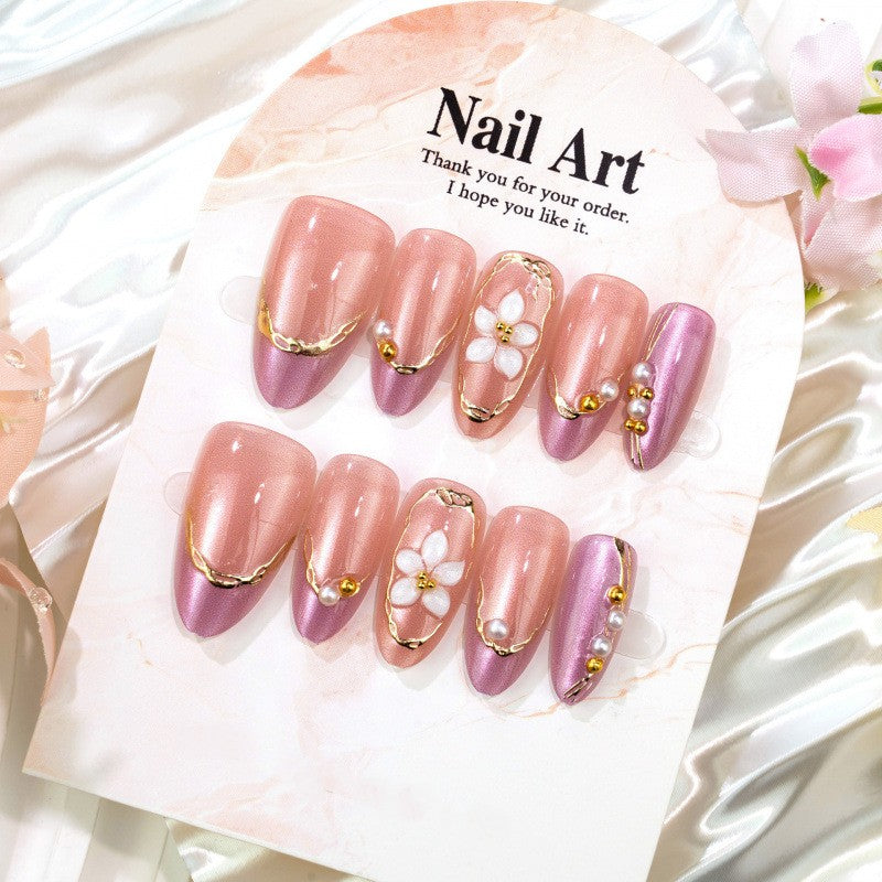 Charming Blossom Inspired Medium Almond Pink Nail Set with Floral Accents
