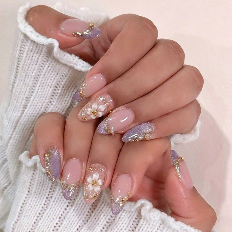 Glamorous Floral Long Almond Lavender and Gold Glitter Press on Nail Set