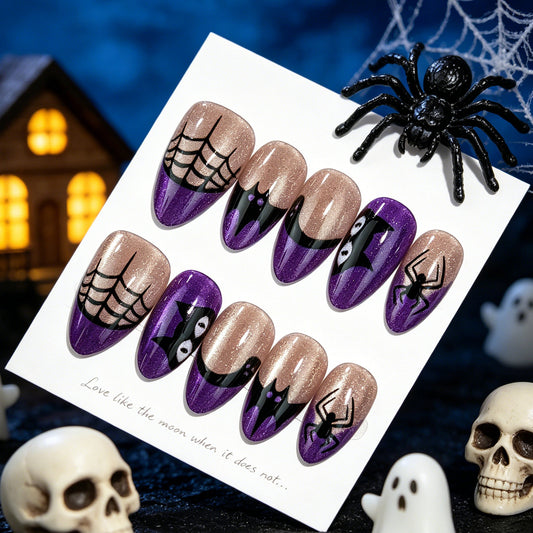 Spooky Elegance Medium Almond Purple and Gold Press On Nail Set with Spider and Web Design