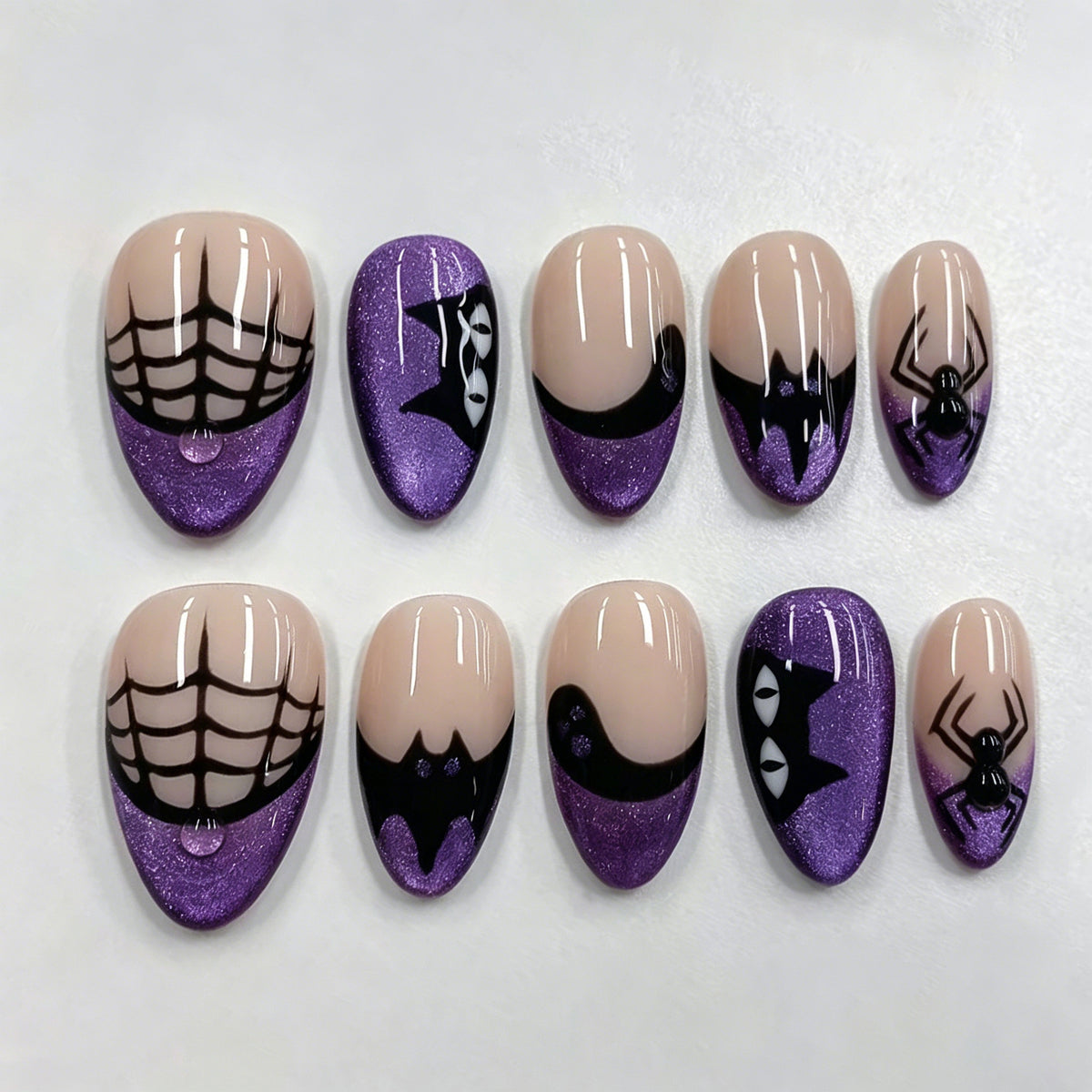 Haunted Elegance Medium Almond Purple Glitter Spider Web Press-On Nail Set