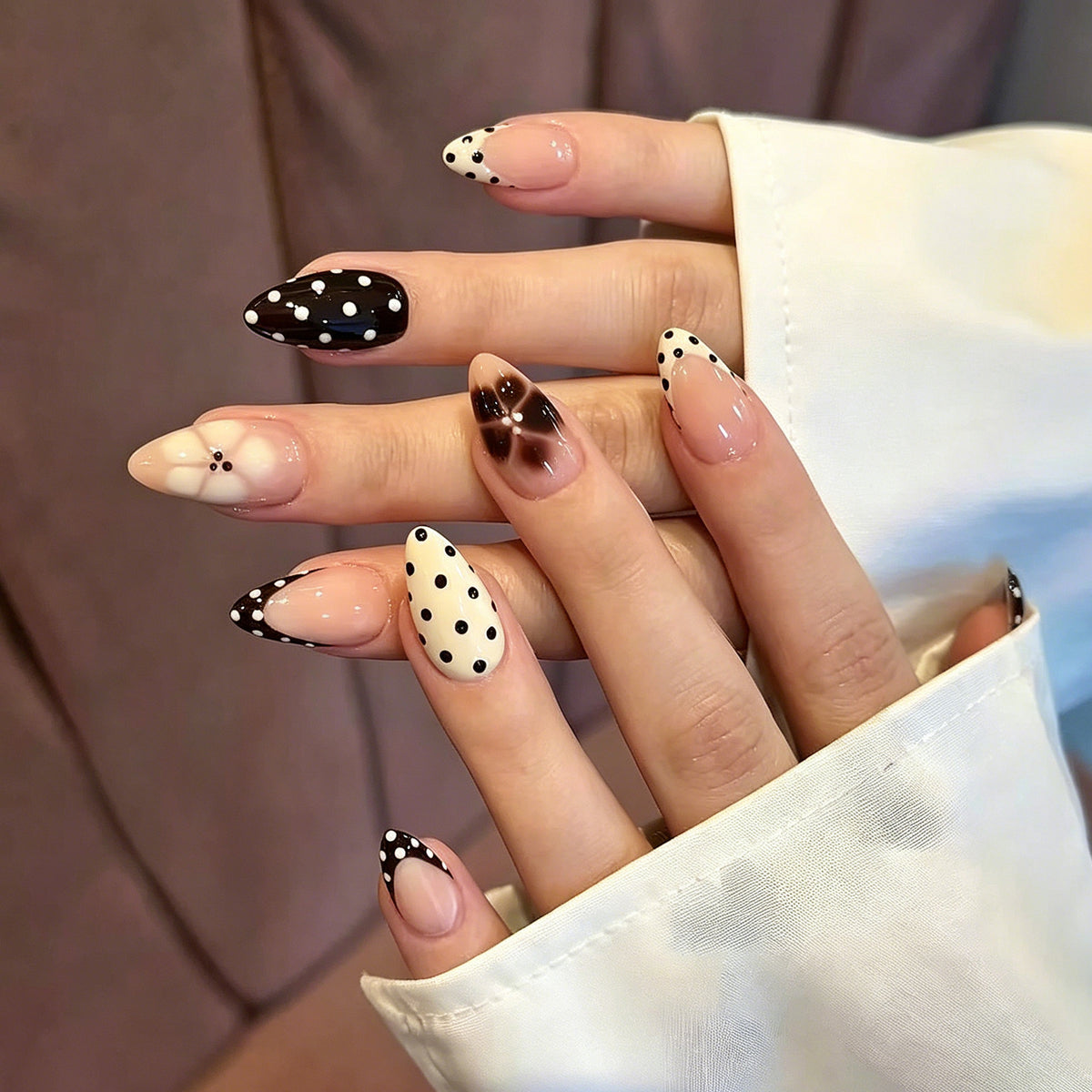 Chic Artistic Medium Almond Black and White Polka Dot Design Press On Nail Set
