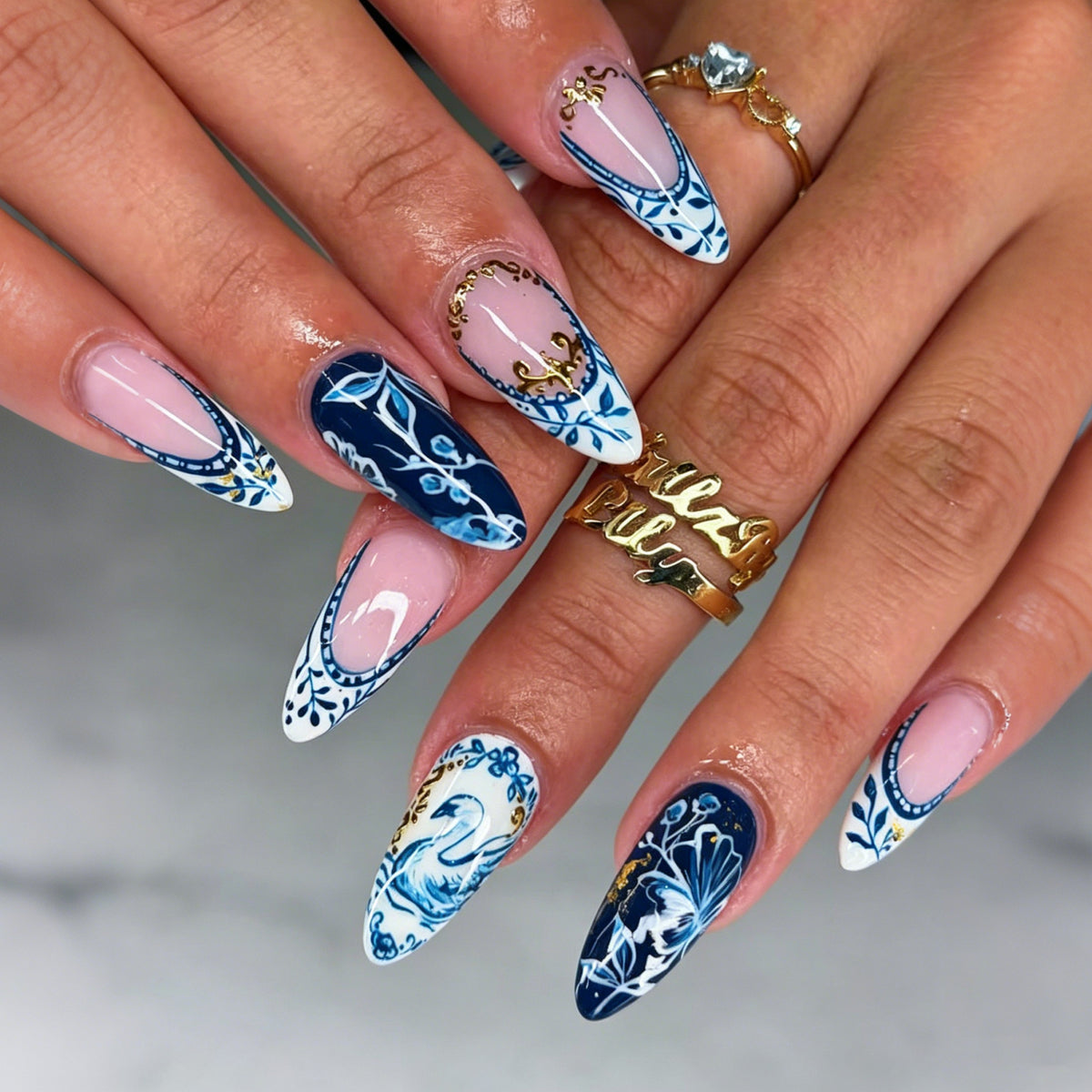 Elegant Serenity Medium Almond Navy Floral Press On Nail Set
