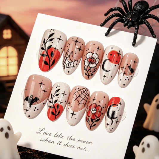Spooky Romance  Medium Oval Red and Black Illustrated Press On Nail Set