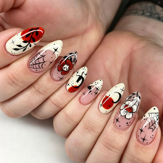 Gothic Romance Medium Stiletto Red and Cream Floral Press-On Nail Set