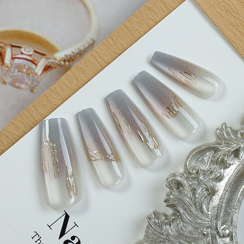 Elegant Dreamscape Long Coffin Silver Ombre with Gold Accents Press on Nail Set