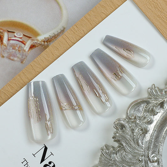 Elegant Dreamscape Long Coffin Silver Ombre with Gold Accents Press on Nail Set