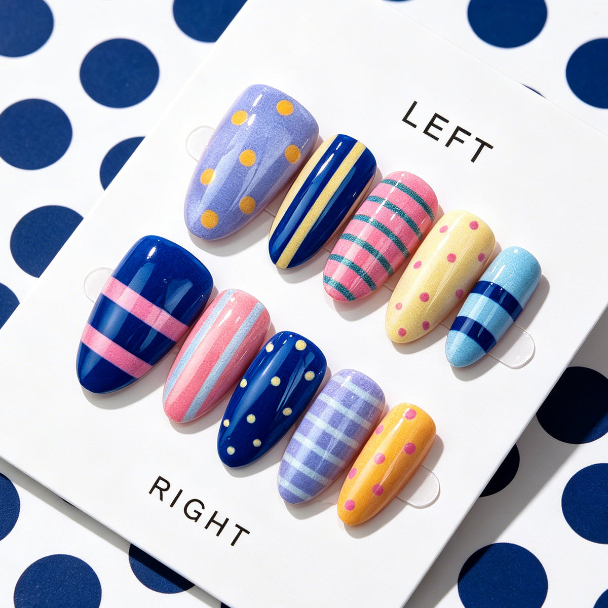 Whimsical Polka Dot Medium Almond Blue and Pastel Color Block Press On Nail Set