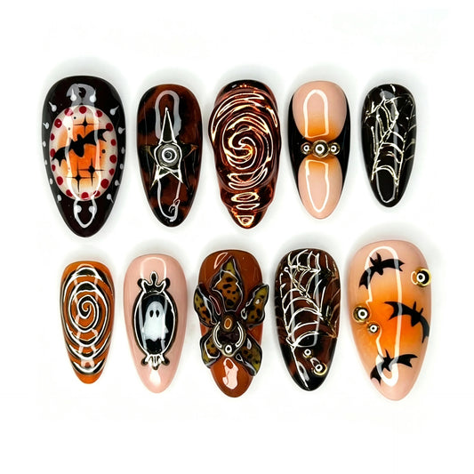 Spooky Halloween Medium Almond Black and Orange Gothic Nail Press Set