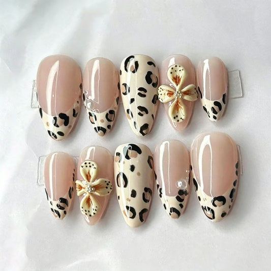 Wild Chic Medium Almond Beige with Floral Accents Press-On Nail Set