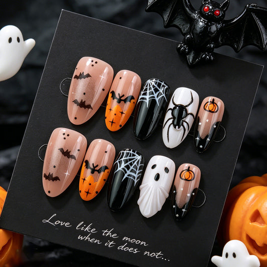 Spooky Halloween Medium Almond Orange and Black Theme with Spider and Ghost Design Press on Nail Set