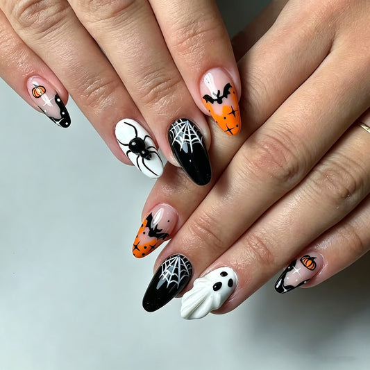 Spooky Elegance Long Oval Black and Orange Halloween Nail Set with Unique Designs