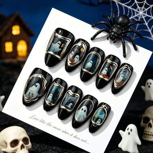 Spooky Elegance Medium Stiletto Black with Haunted Ghost Artwork Press on Nail Set