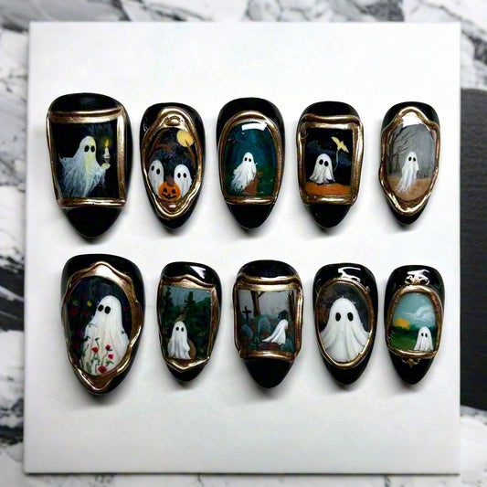 Hauntingly Gorgeous Medium Almond Black and Ghostly Art Press On Nail Set