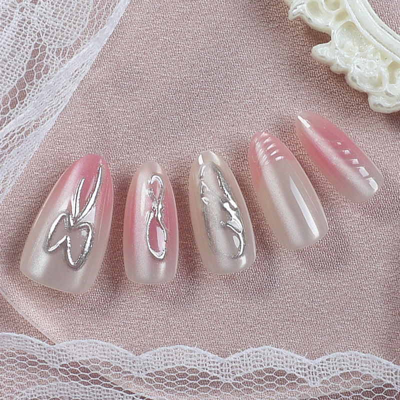 Whimsical Elegance Medium Almond Pink Frosted Press On Nail Set with Silver Detailing