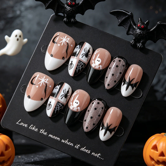 Spooky Elegance Medium Almond Brown and Black Nail Set with Unique Halloween Designs