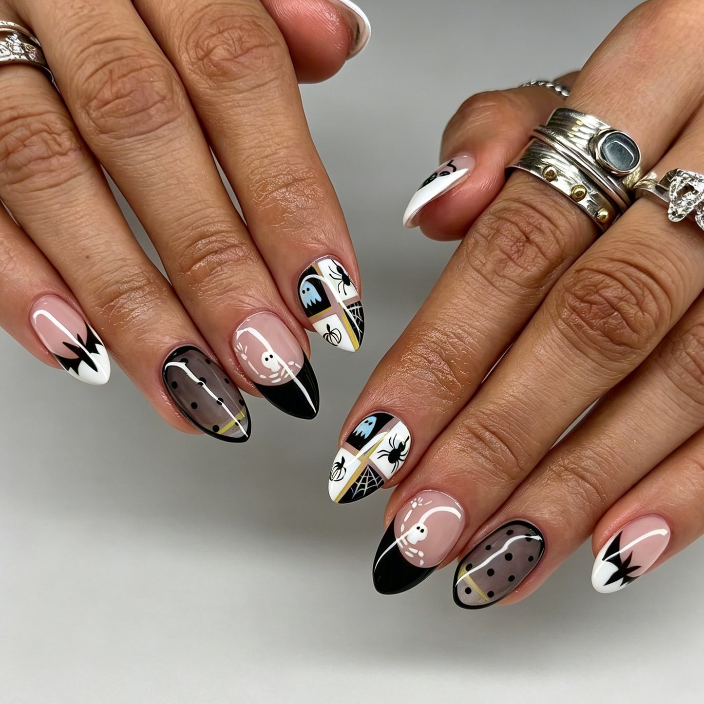 Spooky Elegance Medium Almond Black and White Web Design Press on Nail Set