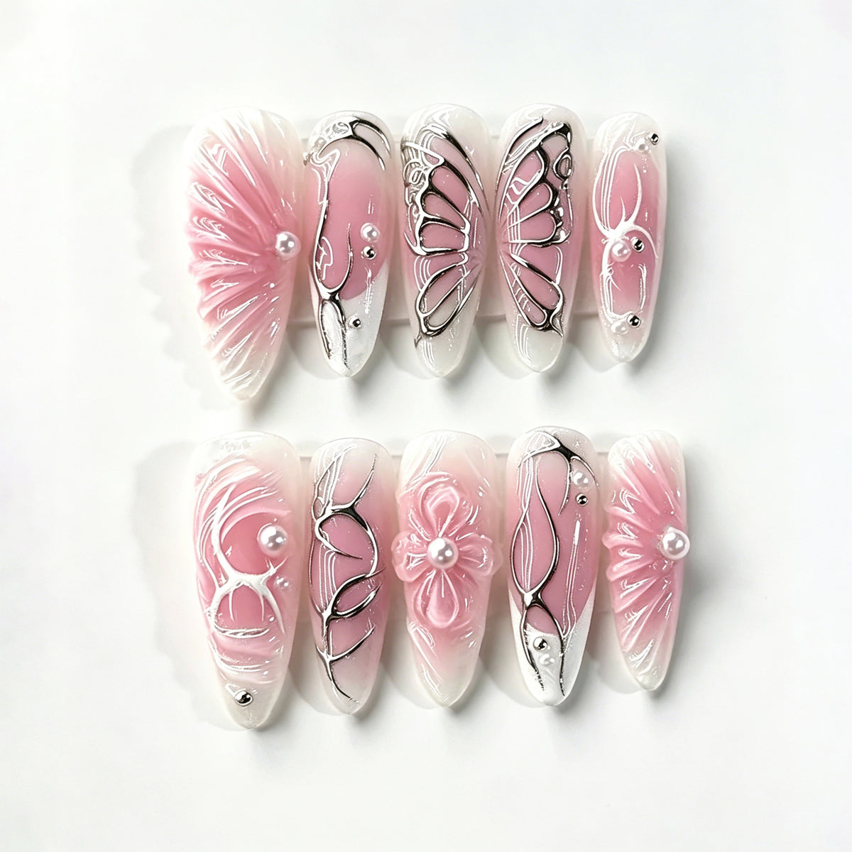 Whimsical Butterfly Delight Long Almond Pink Press On Nail Set with Elegant Floral Design