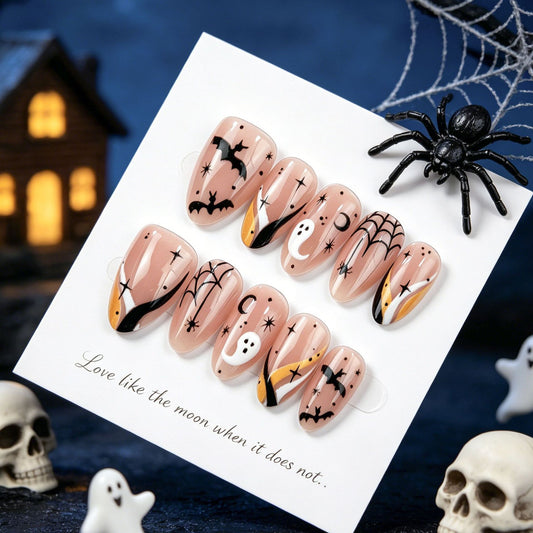 Halloween Enchantment Medium Almond Beige with Spooky Bat and Ghost Design Press On Nail Set