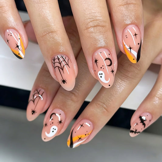 Spooky Autumn Short Almond Orange and Black Nail Press Set with Whimsical Halloween Designs