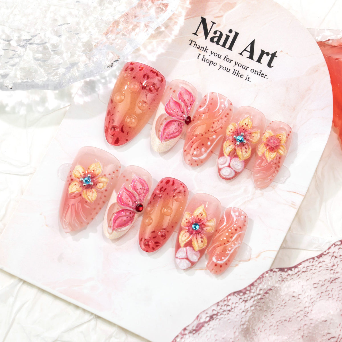 Blossoming Beauty Short Almond Pink with Floral Embellishments Press on Nail Set