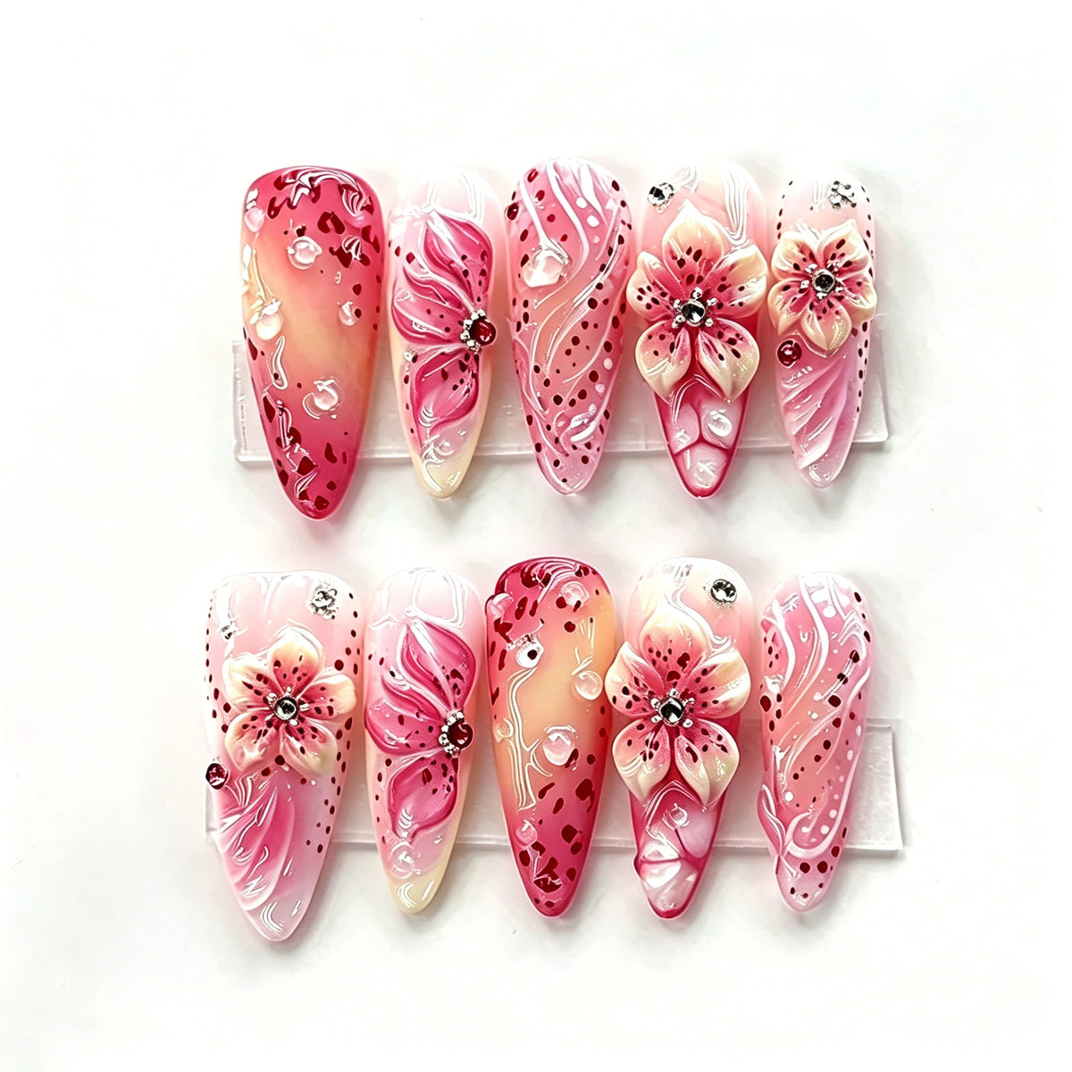 Floral Fantasy Long Stiletto Pink Press-On Nail Set with Gemstone Accents