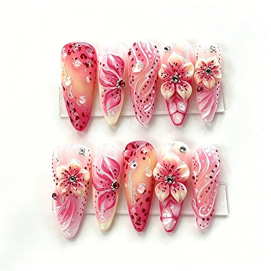 Floral Fantasy Long Stiletto Pink Press-On Nail Set with Gemstone Accents