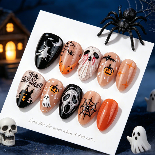 Spooky Halloween Short Almond Orange and Black Nail Set with Creepy Designs
