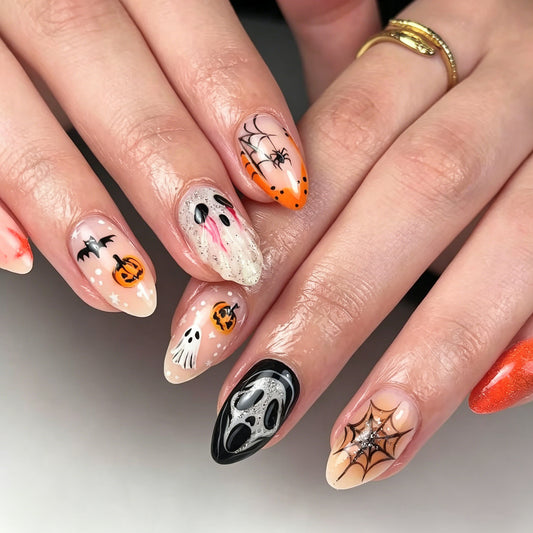 Spooky Halloween Short Almond Orange and Black Themed Press On Nail Set