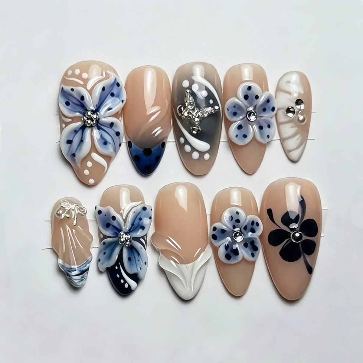 Elegant Floral Affair Long Almond Blue Floral Designs Press on Nail Set