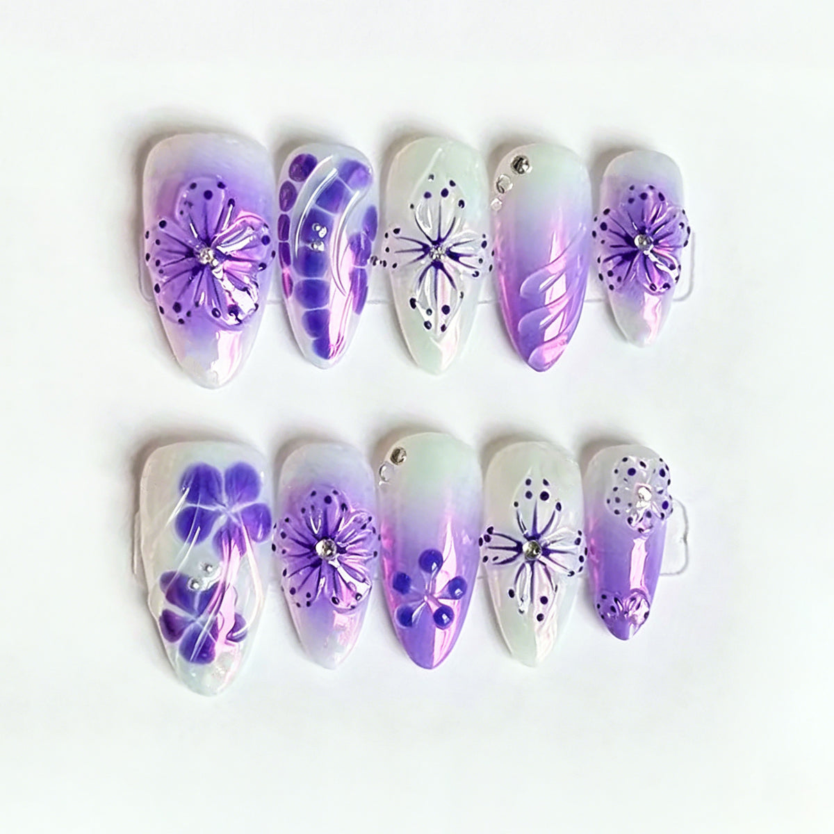 Floral Fantasy Long Stiletto Purple Ombre Nail Set with Rhinestones