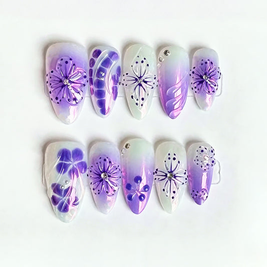 Floral Fantasy Long Stiletto Purple Ombre Nail Set with Rhinestones