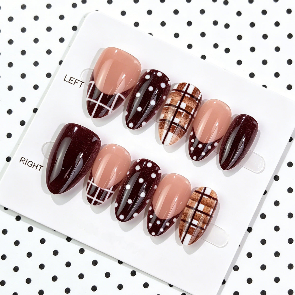 Autumn Elegance Long Almond Burgundy with Unique Plaid and Dot Designs Press-On Nail Set