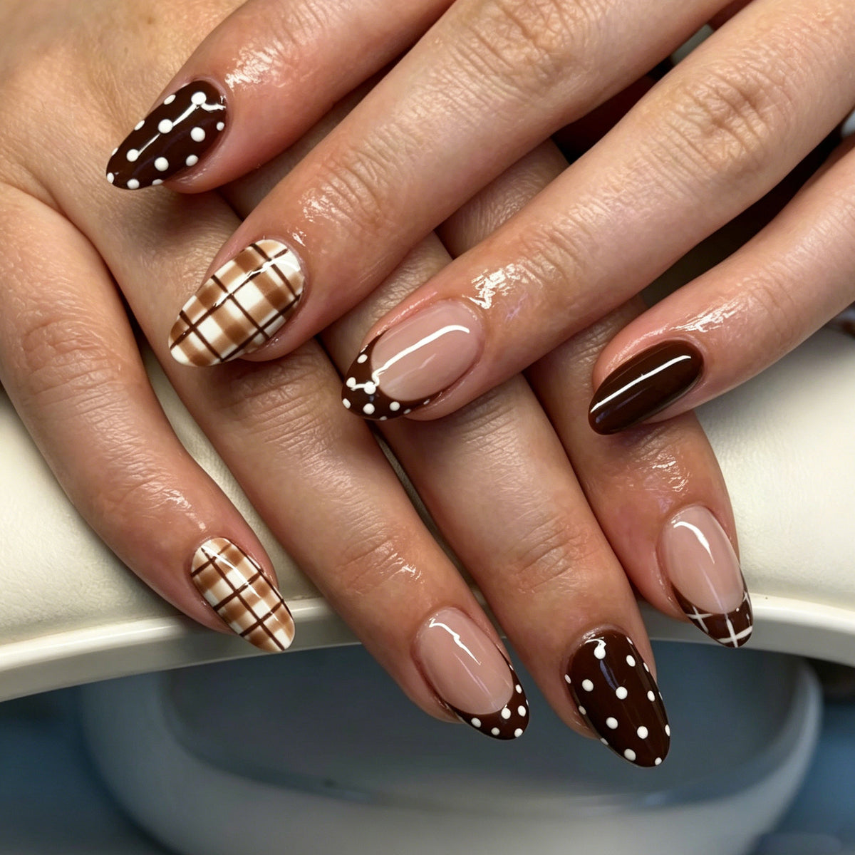 Chocolate Delight Long Almond Brown with Unique Patterned Design Press-on Nail Set