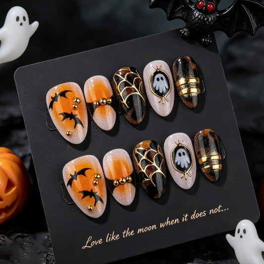 Spooky Halloween Medium Almond Orange and Black Bat and Spider Web Press On Nail Set