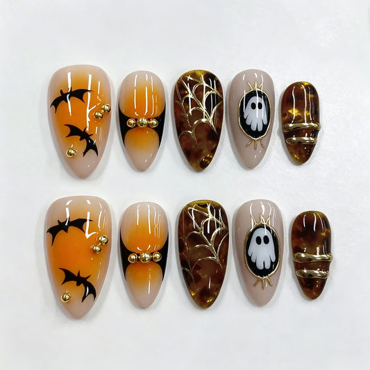 Spooky Elegance Medium Almond Orange and Brown Marble Design with Gold Accents Press On Nail Set
