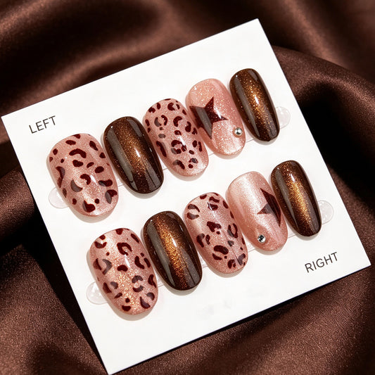 Wild Elegance Medium Square Brown Shimmer and Leopard Print Press On Nail Set