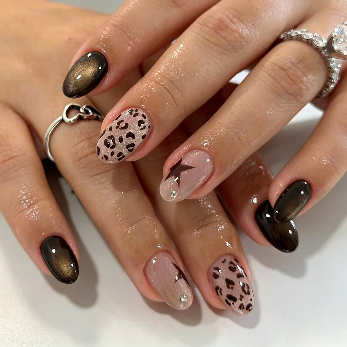 Chic Leopard Print Medium Almond Brown Glitter Press On Nail Set