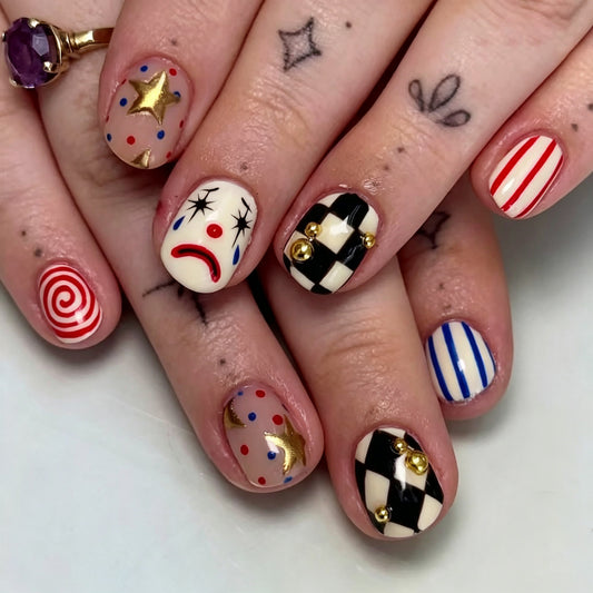 Whimsical Fun Short Squoval Red and Blue Circus Nail Set with Unique Clown Art