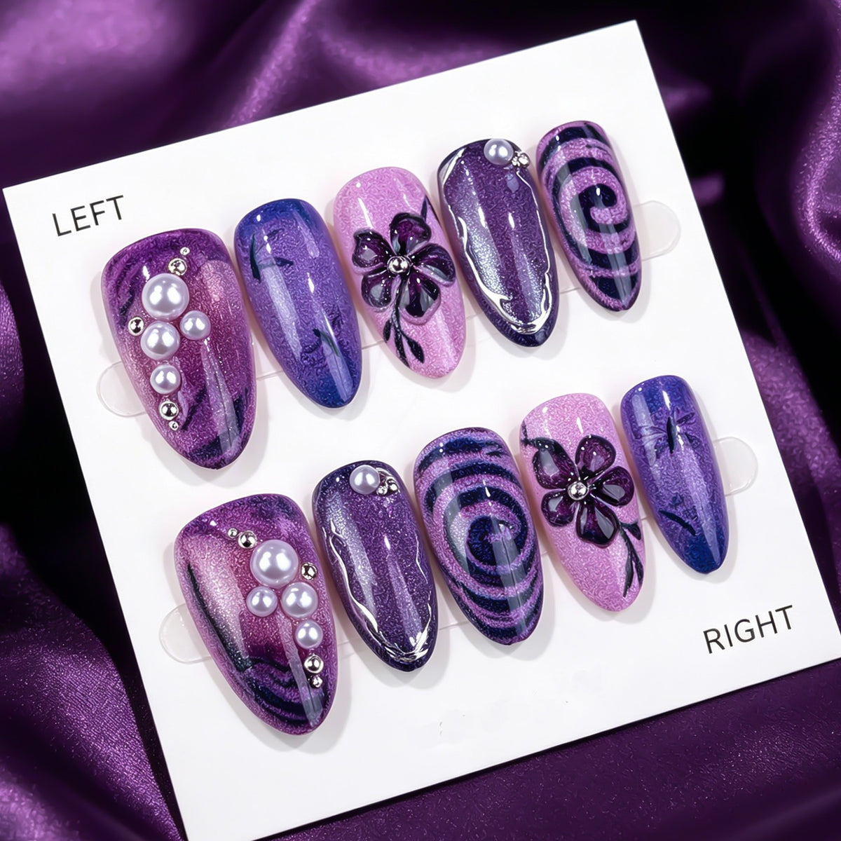 Mystical Blossom Medium Almond Purple Swirl and Pearl Accent Press-On Nail Set