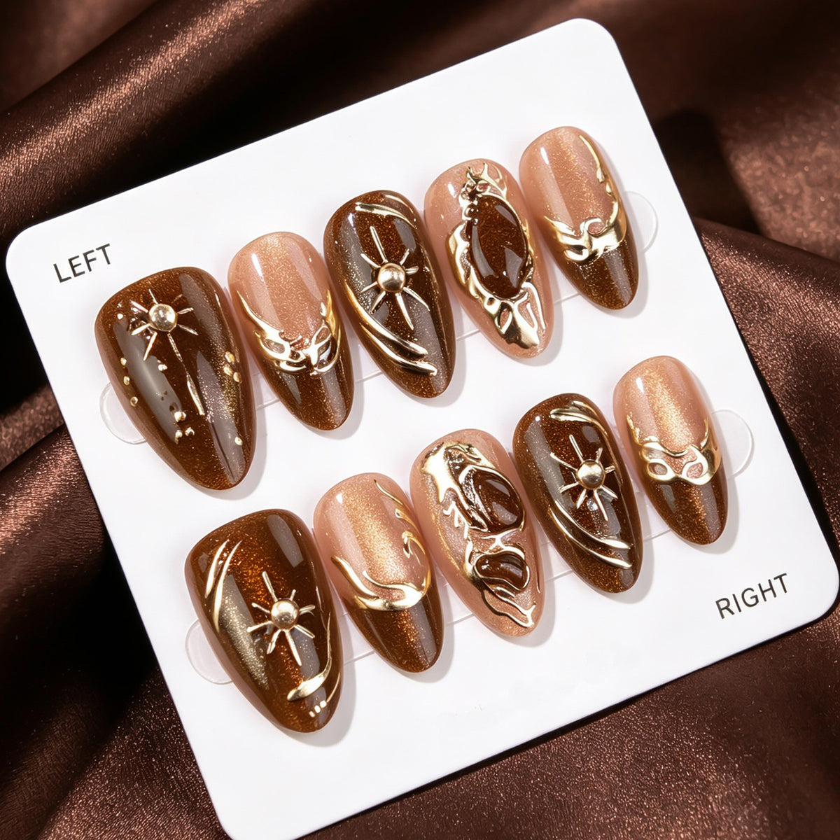 Celestial Elegance Medium Almond Brown Press on Nail Set with Shimmering Gold Accents