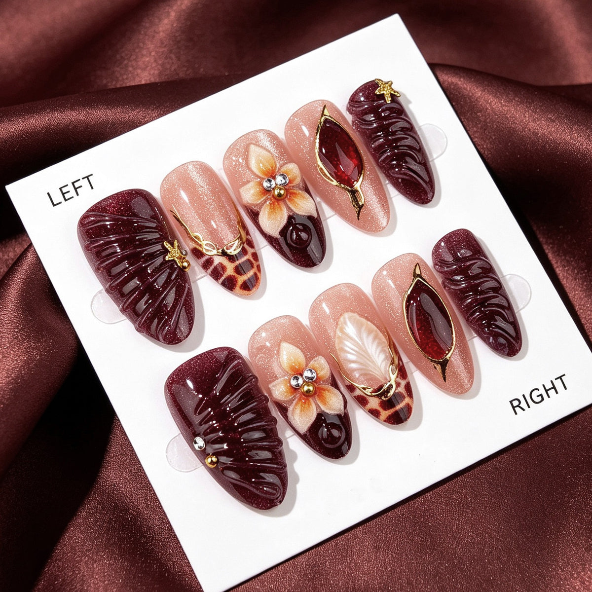 Elegant Autumn Vibes Medium Almond Burgundy with Floral Embellishments Press On Nail Set