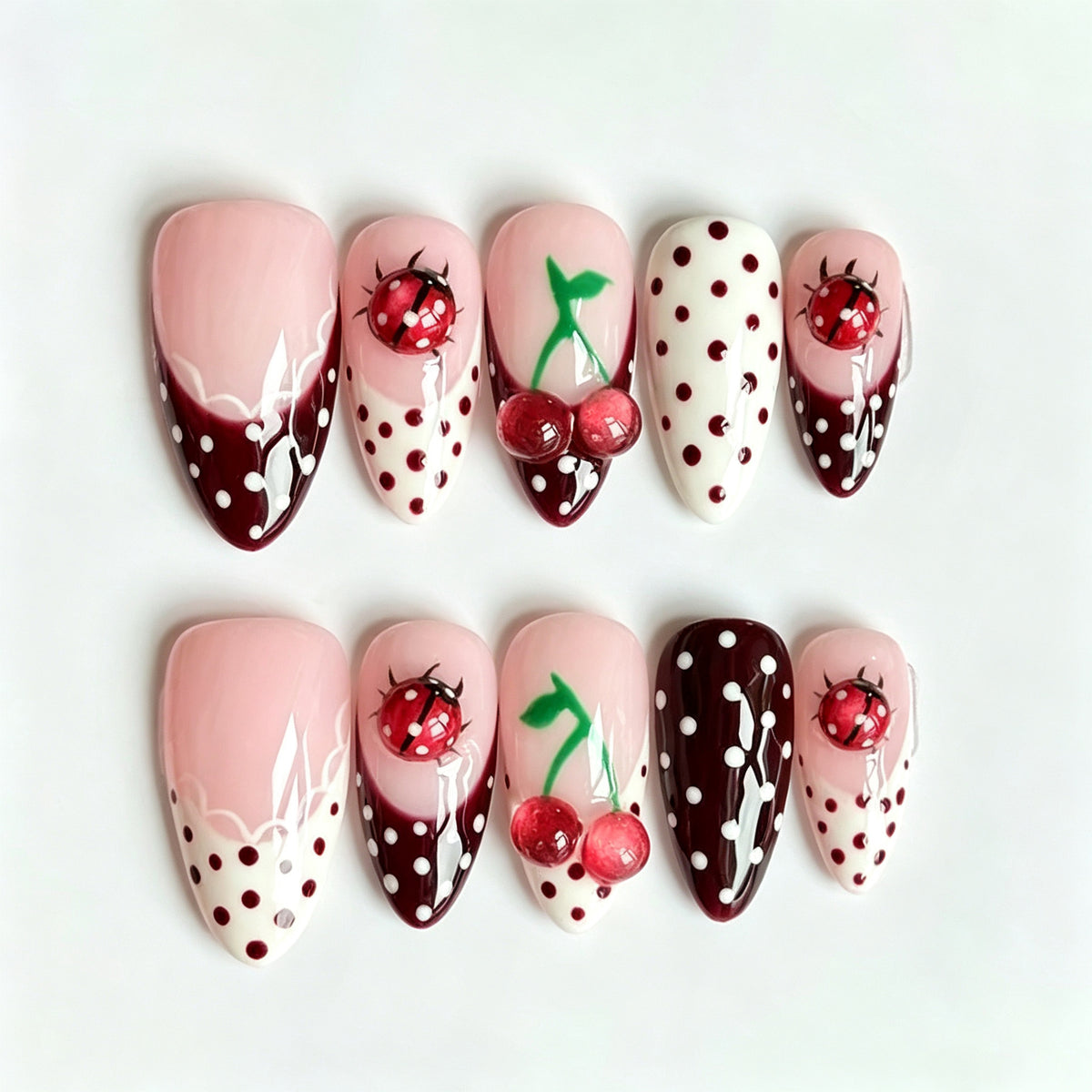 Cherry Blossom Fantasy Medium Almond Pink with Ladybug and Polka Dot Design Press On Nail Set