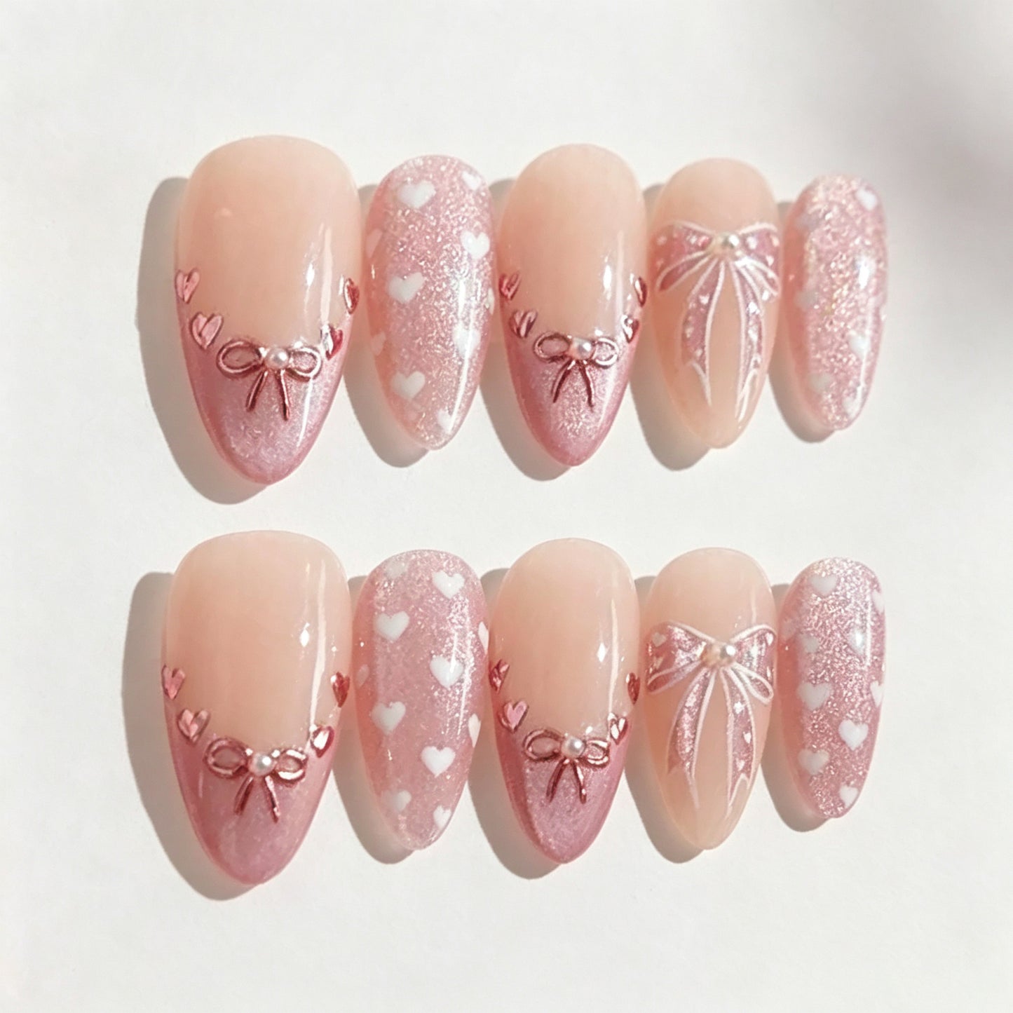 Sweetheart Dream Long Almond Pink with Heart and Bow Accents Press on Nail Set