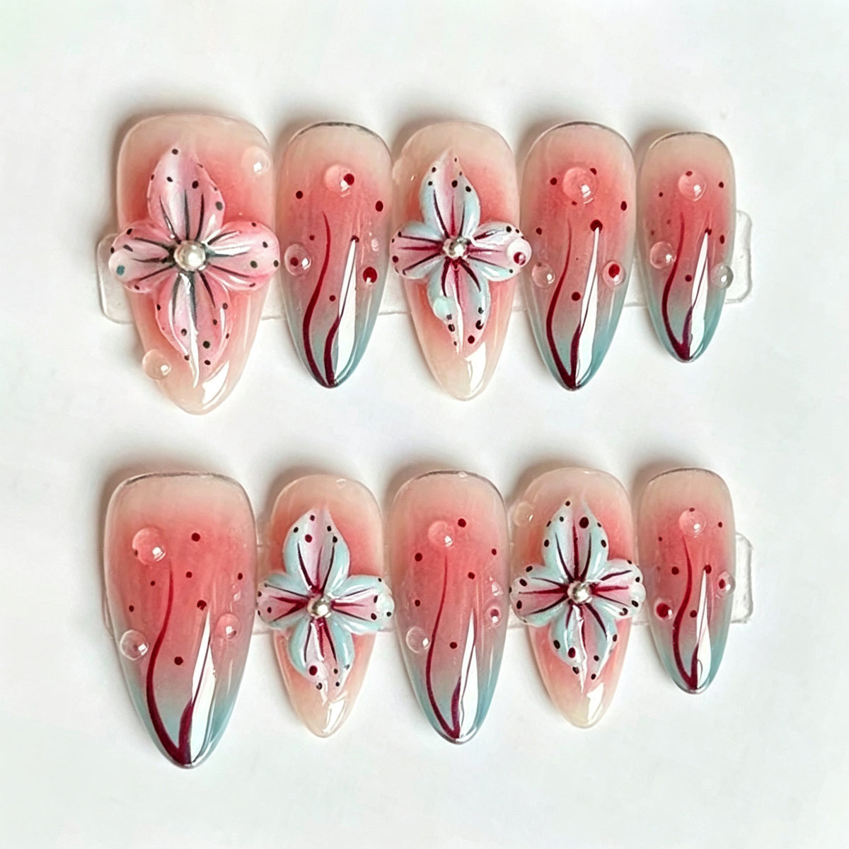 Floral Fantasy Long Almond Pink Gradient Nail Set with Elegant Flower Design