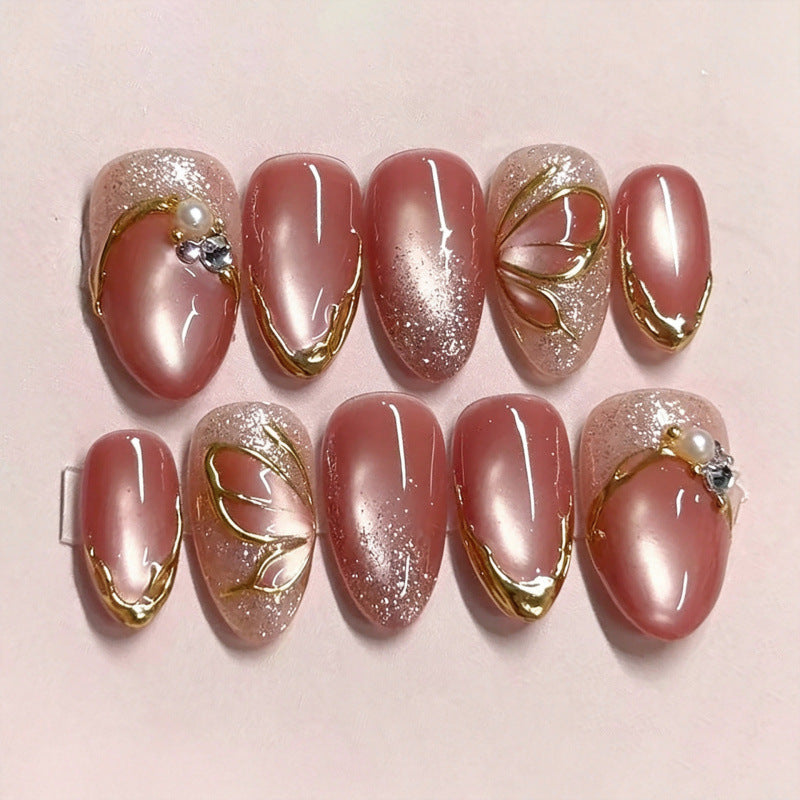 Ethereal Blossom Long Almond Blush Pink with Gold Accent Nail Set