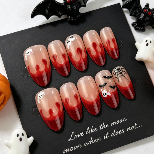 Hauntingly Elegant Long Almond Red Ombre Nail Set with Ghosts and Bats